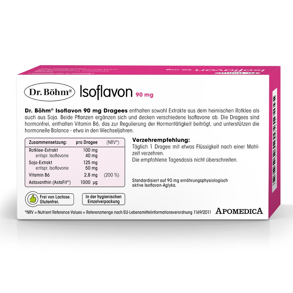 Rückseite der Packung Dr. Böhm® Isoflavon 90 mg. Inhaltsstoffe, Verzehrempfehlung, Nährwertangaben.