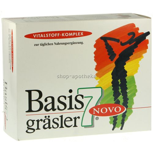 Karton mit Basis 7 gräsler Novo. Aufschrift: Vitalstoff-Komplex zur täglichen Nahrungsergänzung. Logo mit Figur.