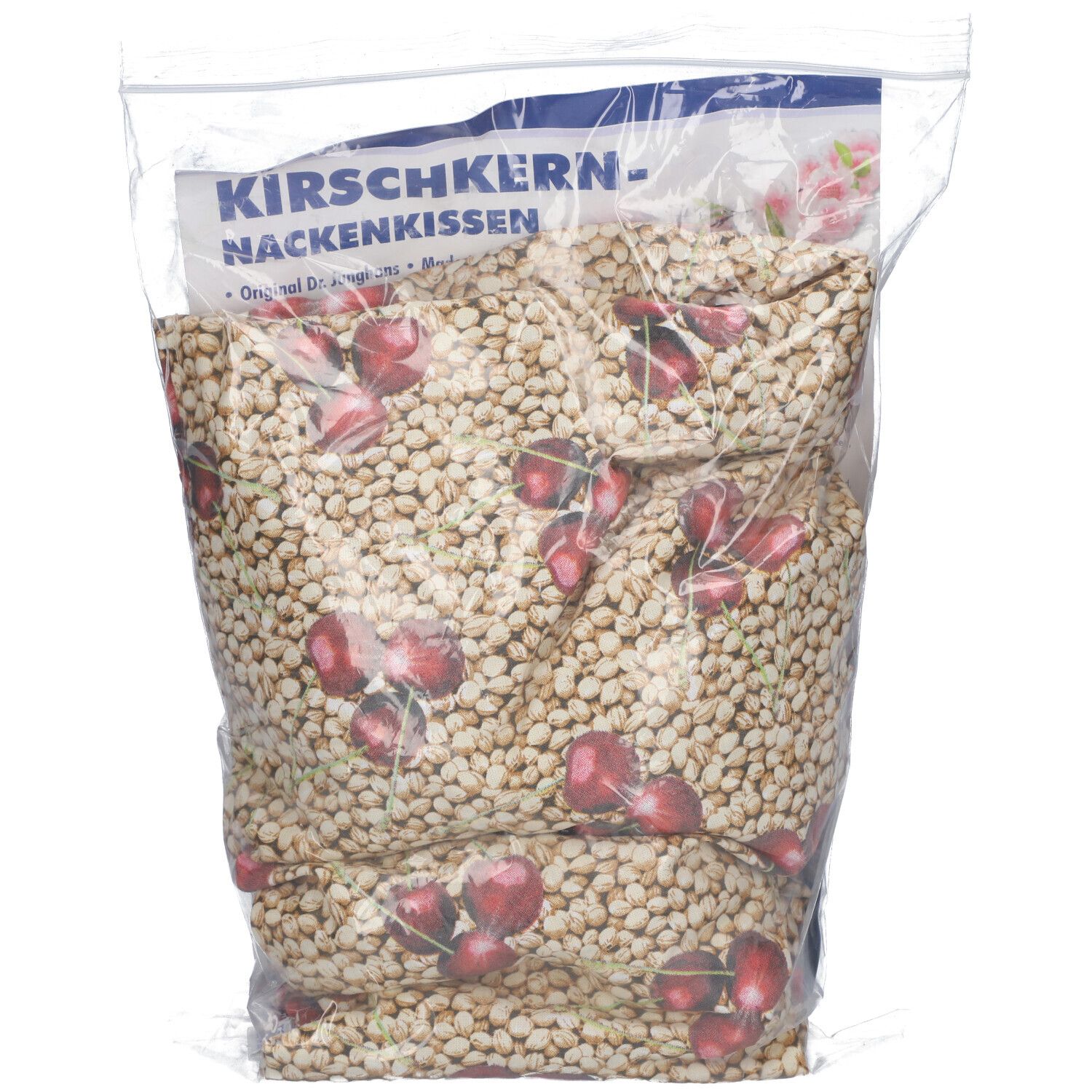 Kirschkern-Nackenkissen in Plastikverpackung. Größe 40 x 50 cm. Mit Kirschen-Motiv. CE-Zeichen.