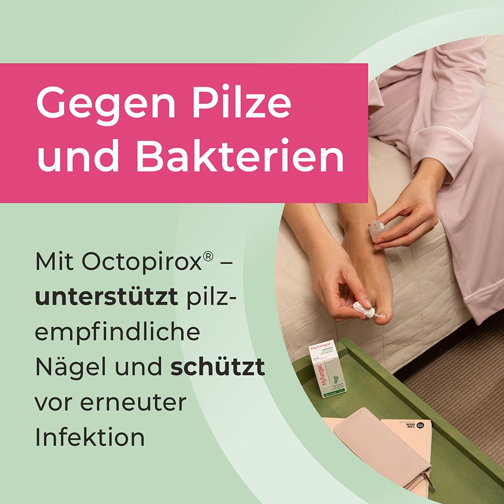 Anwendung eines Produkts gegen Pilze und Bakterien auf Nägel.