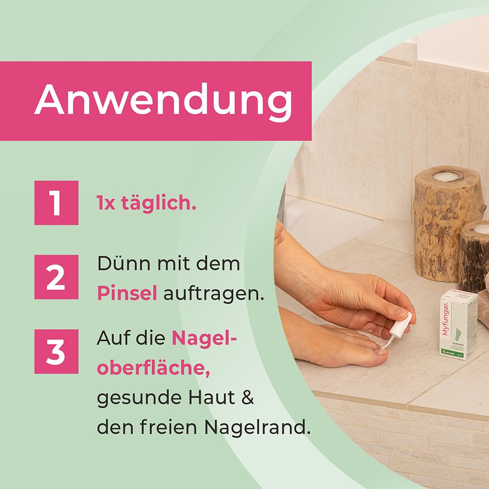 Anwendungshinweise: "1x täglich", "Dünn mit dem Pinsel auftragen", "Auf die Nageloberfläche".