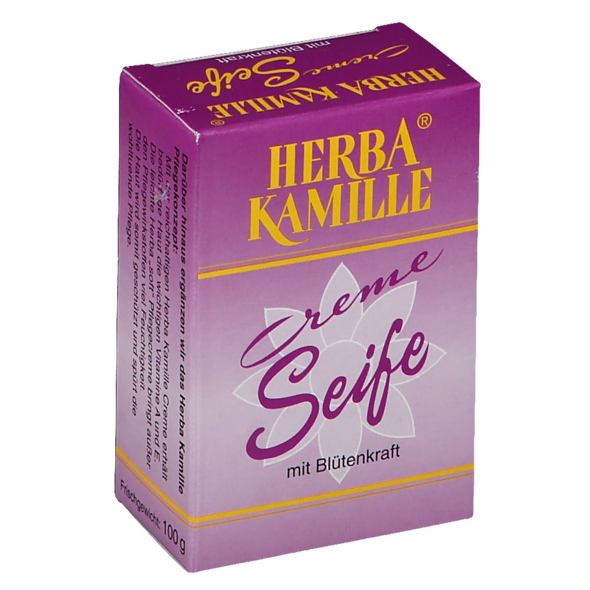 Herba Kamille Creme Seife in lila Verpackung. Schriftzug in Gelb. Blüte-Design. Frischgewicht: 100g.