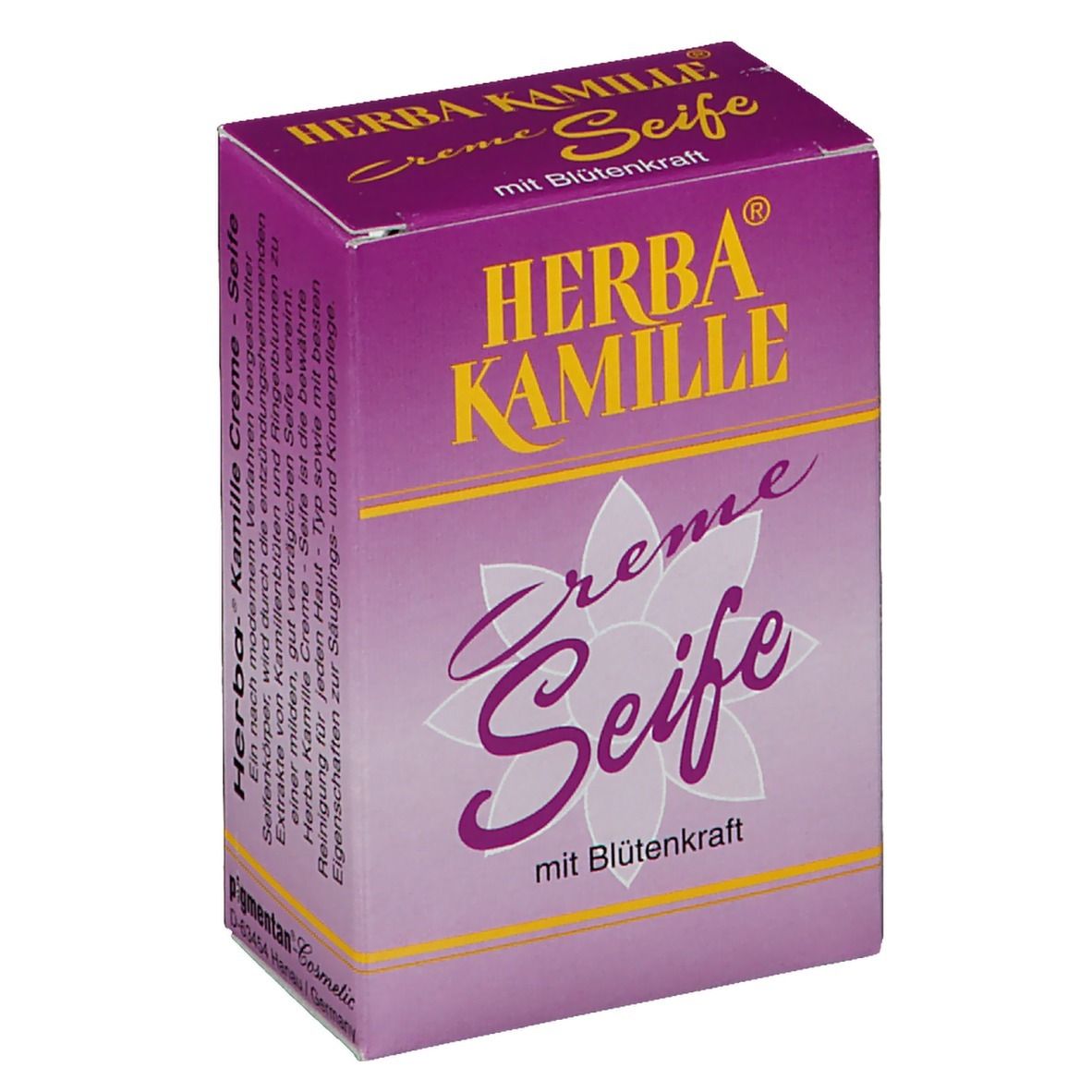 Herba Kamille Creme Seife in lila Verpackung. Schriftzug in Gelb. Blüte-Design. Text auf der Seite.