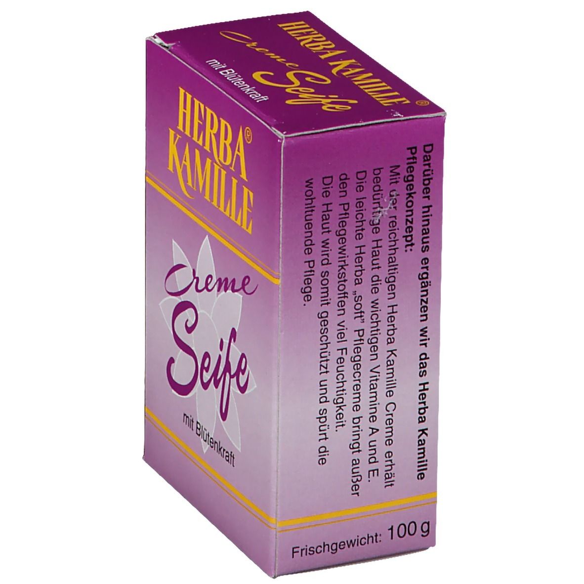 Herba Kamille Creme Seife in lila Verpackung. Schriftzug in Gelb. Blüte-Design. Frischgewicht: 100g. Seitenansicht.