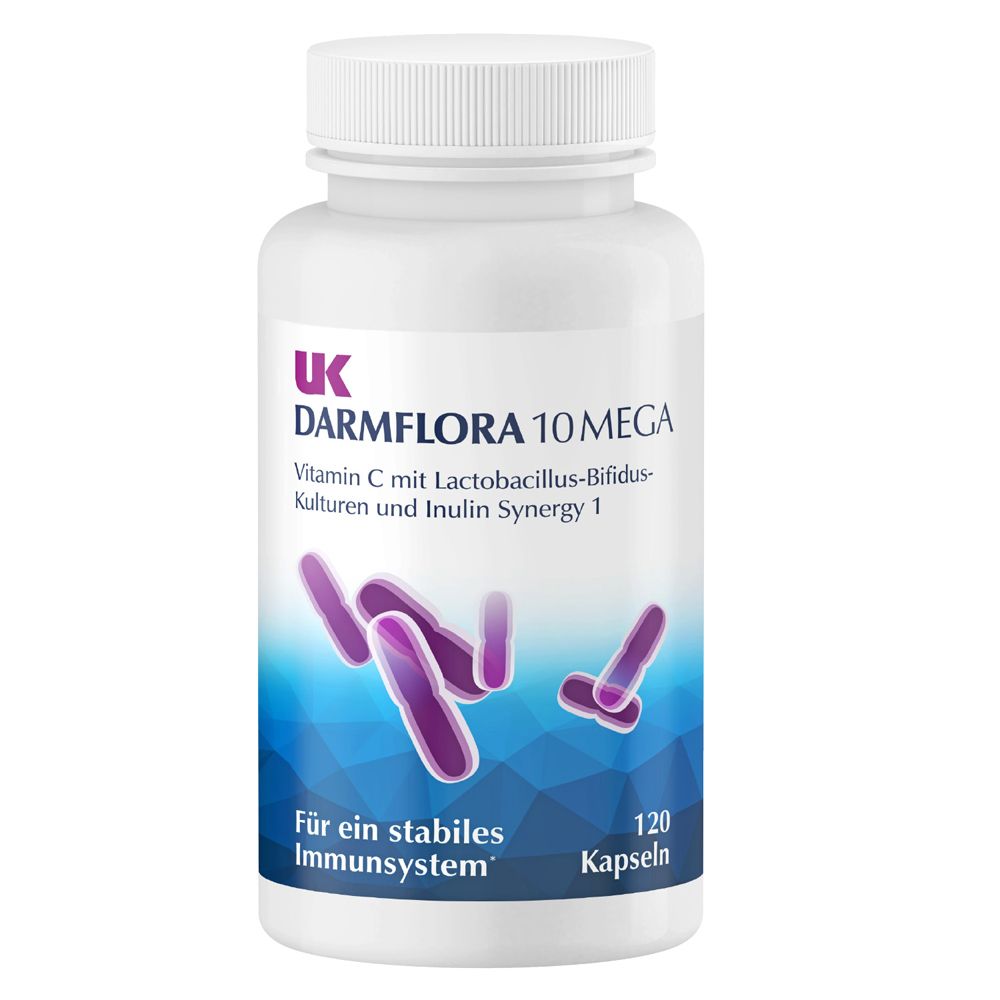 Weiße Flasche mit Kapseln. Aufschrift: UK Darmflora 10 Mega. Enthält Vitamin C, Lactobacillus-Bifidus-Kulturen und Inulin. 120 Kapseln.