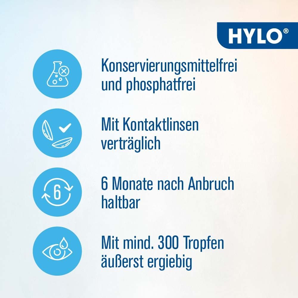 Text auf blauem Hintergrund. Text: Konservierungsmittelfrei, phosphatfrei, mit Kontaktlinsen verträglich, 6 Monate haltbar, ergiebig.