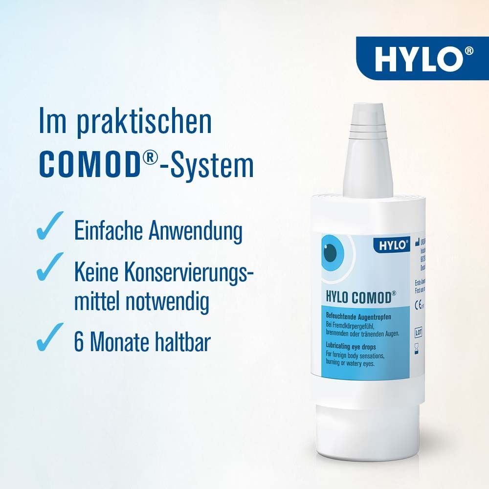 HYLO-COMOD® Flasche und Text. Text: Im praktischen COMOD®-System. Einfache Anwendung, keine Konservierungsmittel, 6 Monate haltbar.