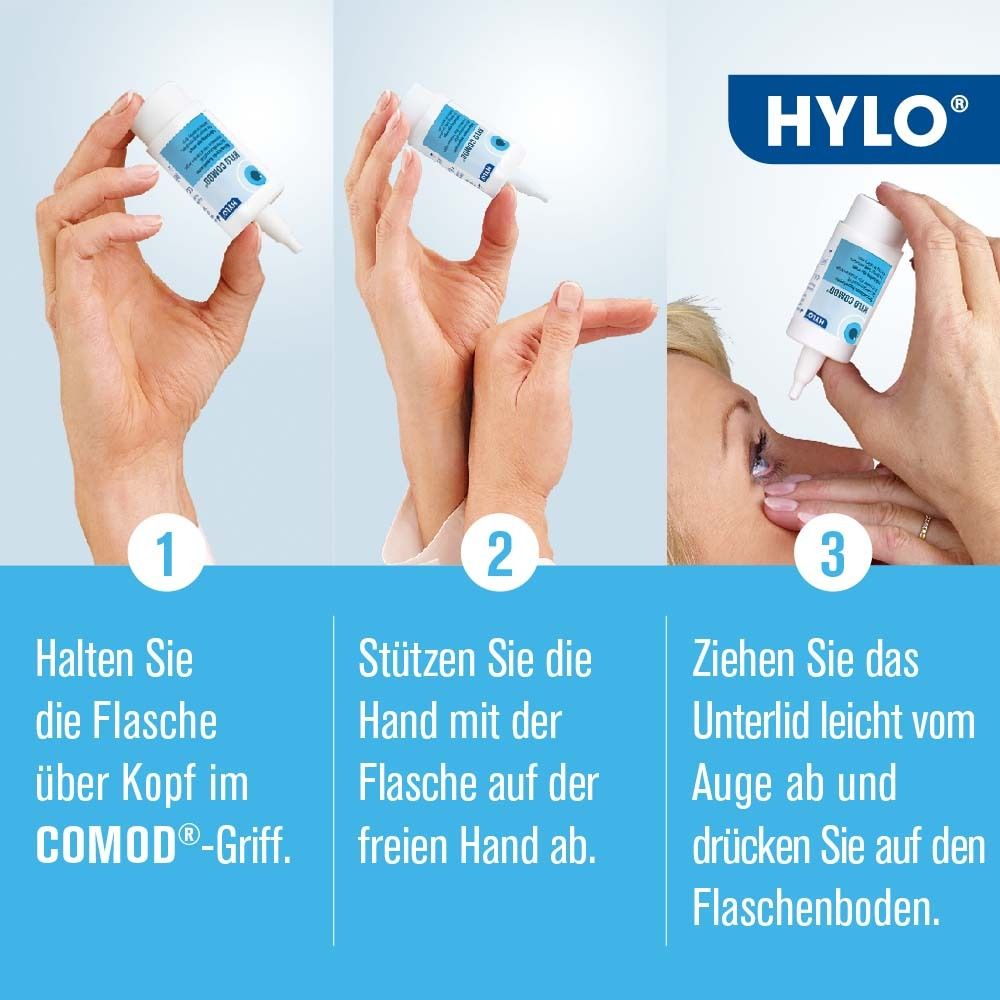 Anwendung von HYLO-COMOD®: 3 Schritte. Flasche halten, Hand abstützen, Unterlid abziehen und drücken.