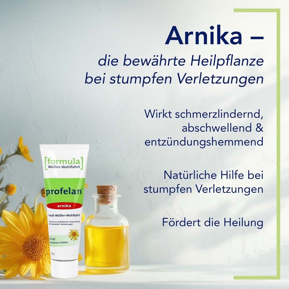 Arnika-Blüten und eine Tube Profelan. Text: Arnika - die bewährte Heilpflanze bei stumpfen Verletzungen.