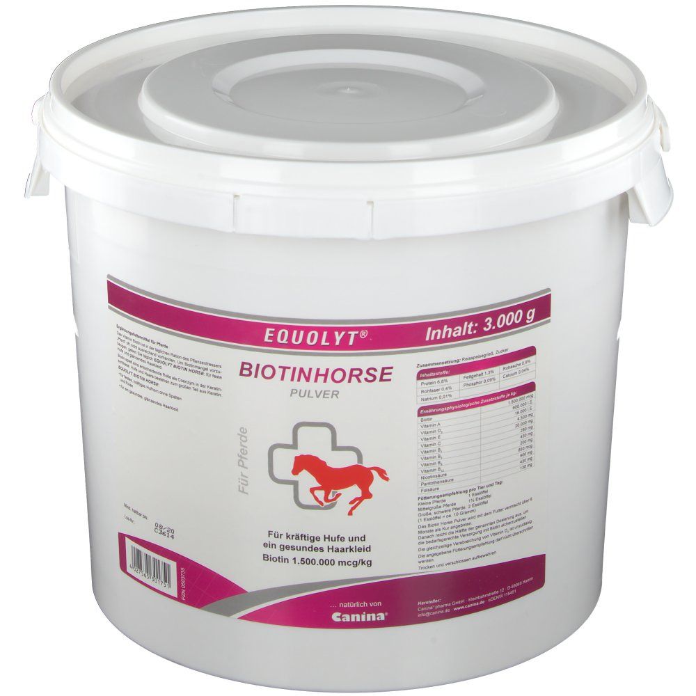 Weißer Eimer mit Deckel. Aufschrift: EQUOLYT BIOTINHORSE, Pulver. Logo: Pferd im Kreuz. Inhalt: 3.000 g. Marke: Canina.
