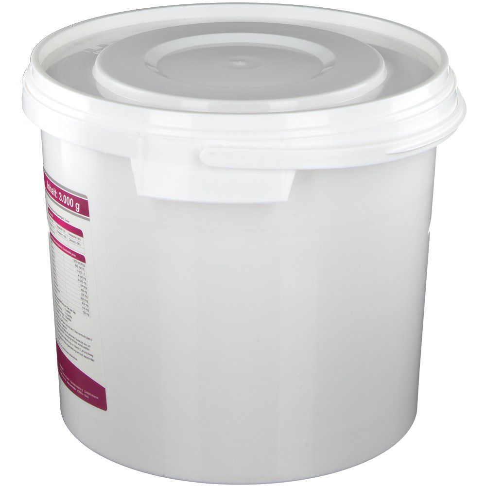 Weißer Eimer mit Deckel. Aufschrift: Inhalt: 1.000 g. Etikett mit Produktinformationen.  Marke: Canina.