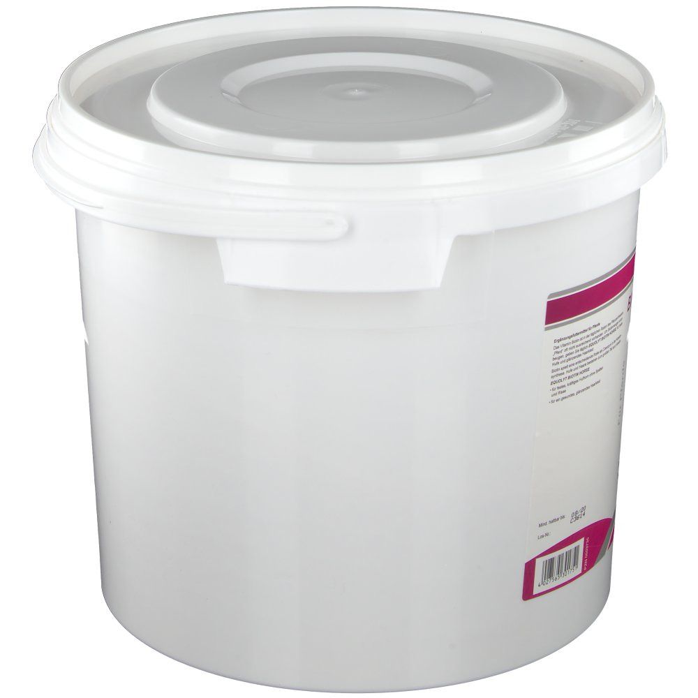 Weißer Eimer mit Deckel.  Etikett mit Produktinformationen.  Marke: Canina.