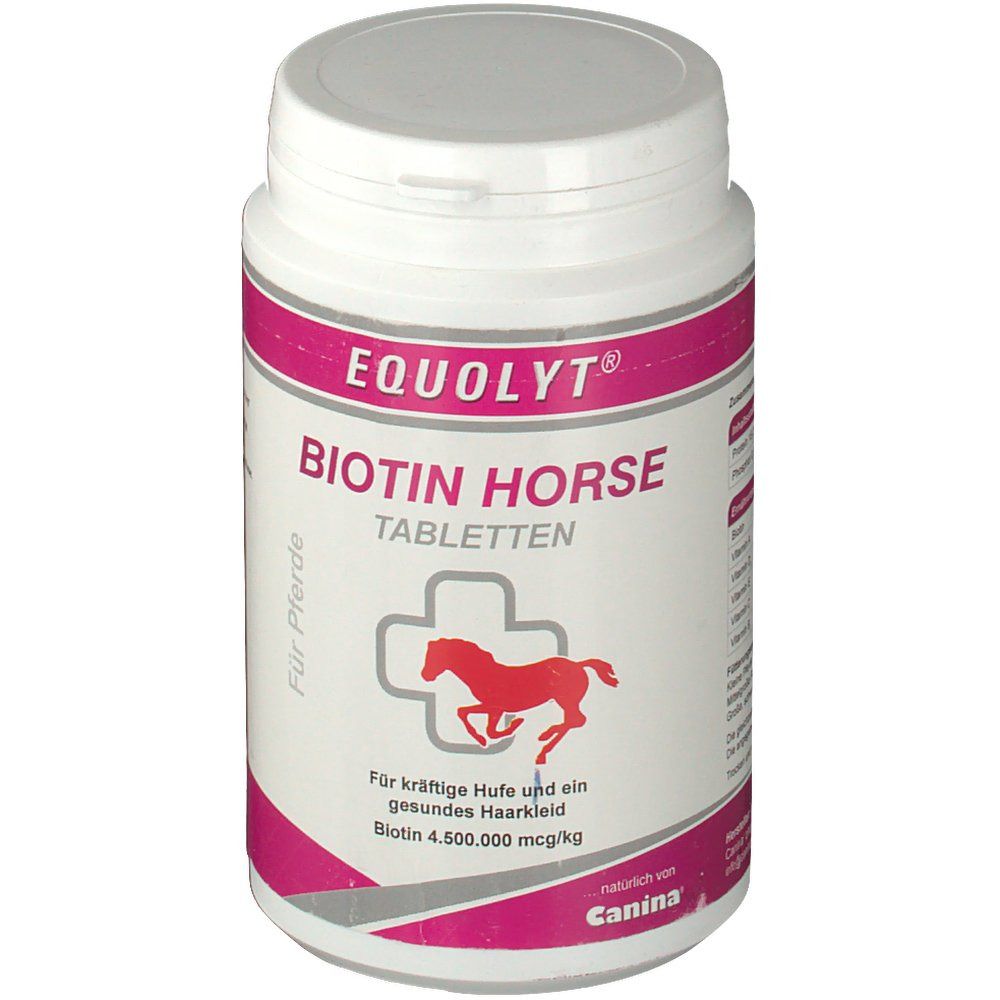 Weiße Dose mit rosa Etikett. Aufschrift: EQUOLYT BIOTIN HORSE TABLETTEN. Logo: rotes Pferd im Kreuz. Marke: Canina.