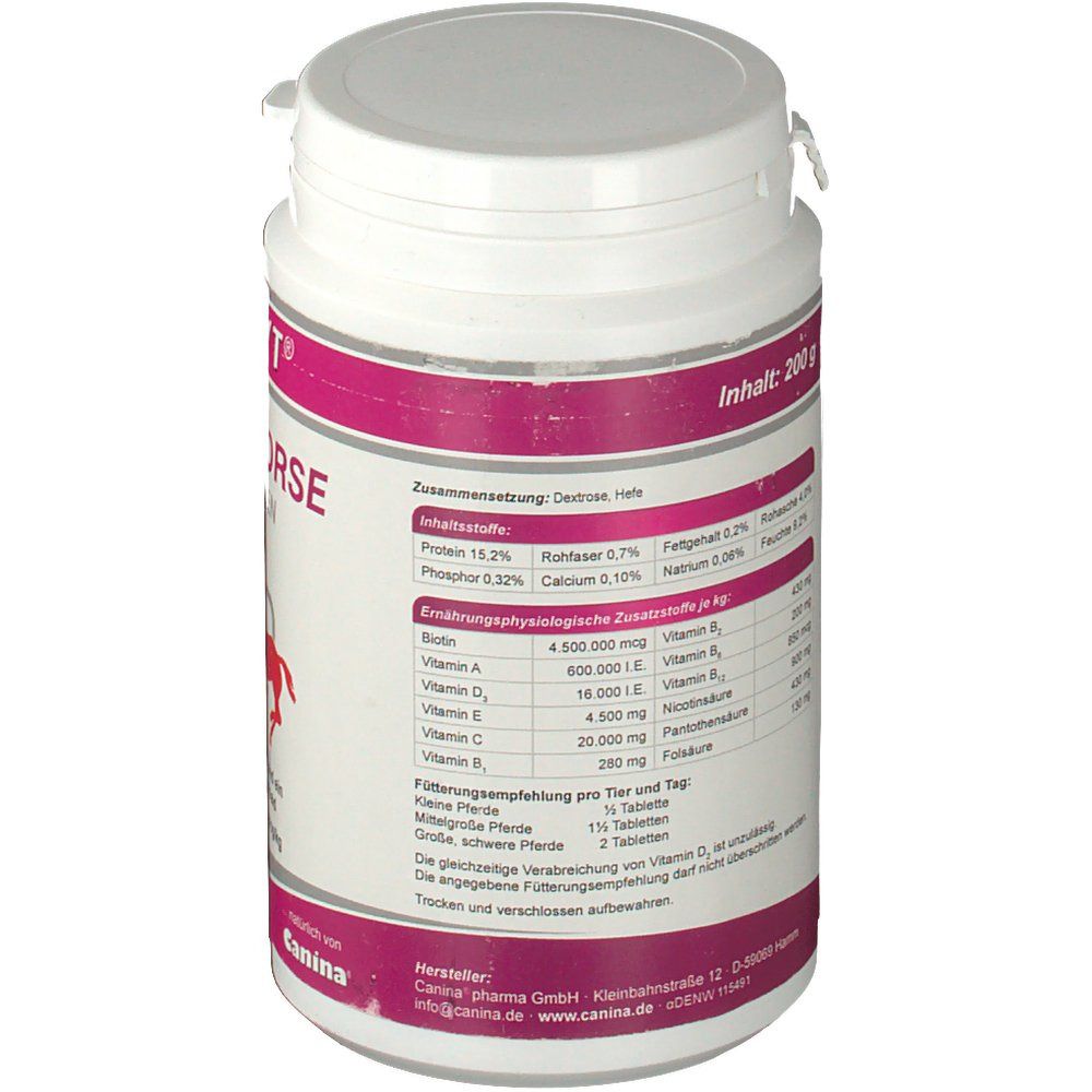 Weiße Dose, Rückseite mit Inhaltsstoffen und Nährwertangaben. Enthält: Biotin, Vitamin A, D, E, C, B-Vitamine. Text in deutscher Sprache.