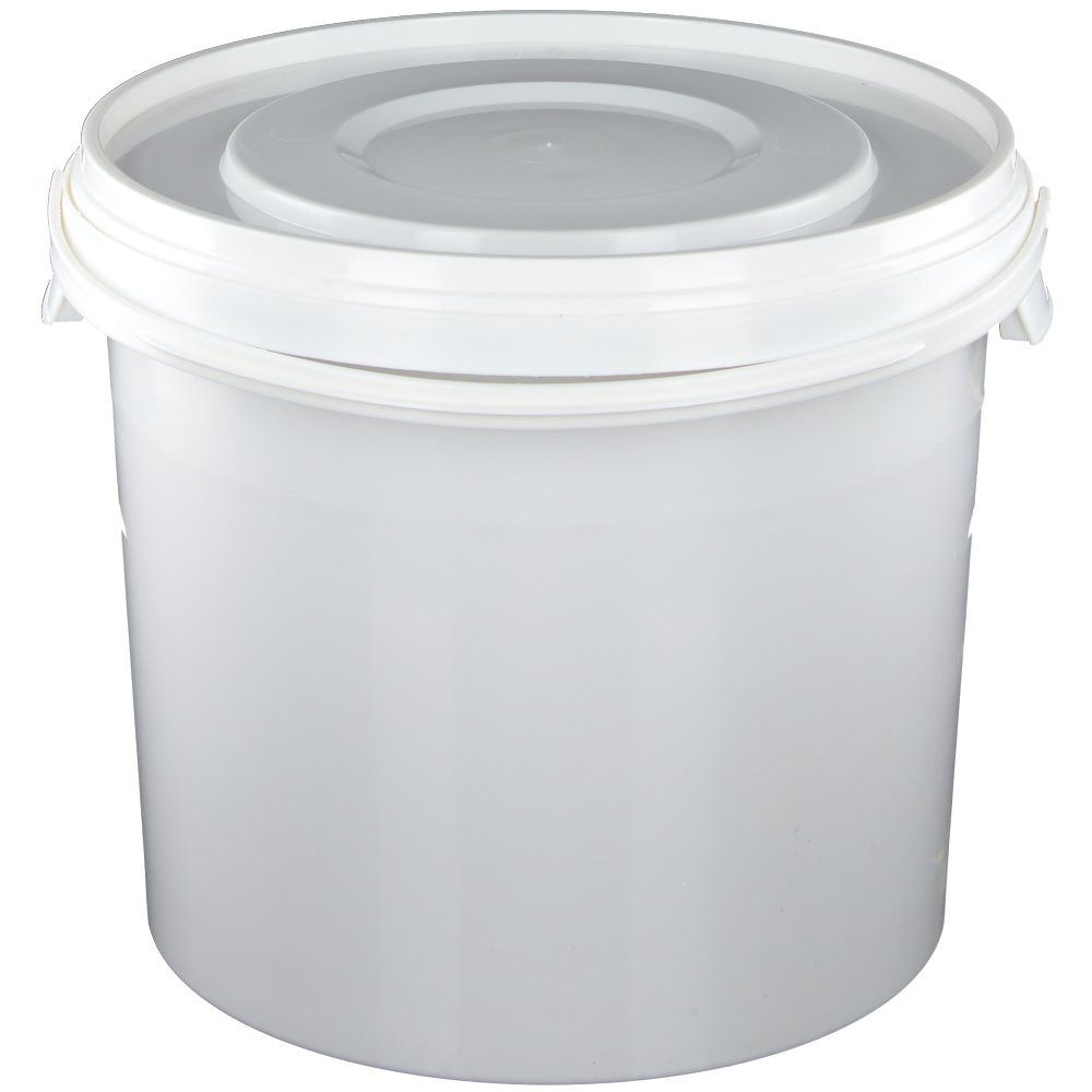 Weißer Eimer mit Deckel. Seitenansicht. Keine weiteren Details sichtbar.