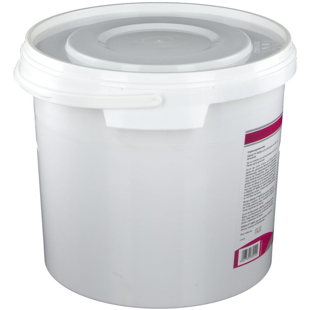 Weißer Eimer mit Deckel. Etikett mit Text auf der Seite. Keine weiteren Details sichtbar.