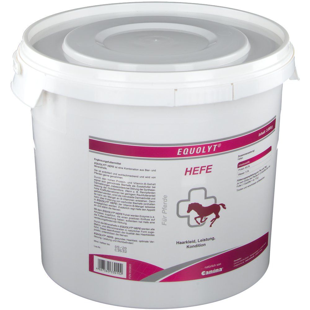Weißer Eimer mit Deckel. Aufschrift: EQUOLYT Hefe, Logo mit Pferd. Text: Für Pferde. Marke: Canina. Inhalt: 3.000 g.