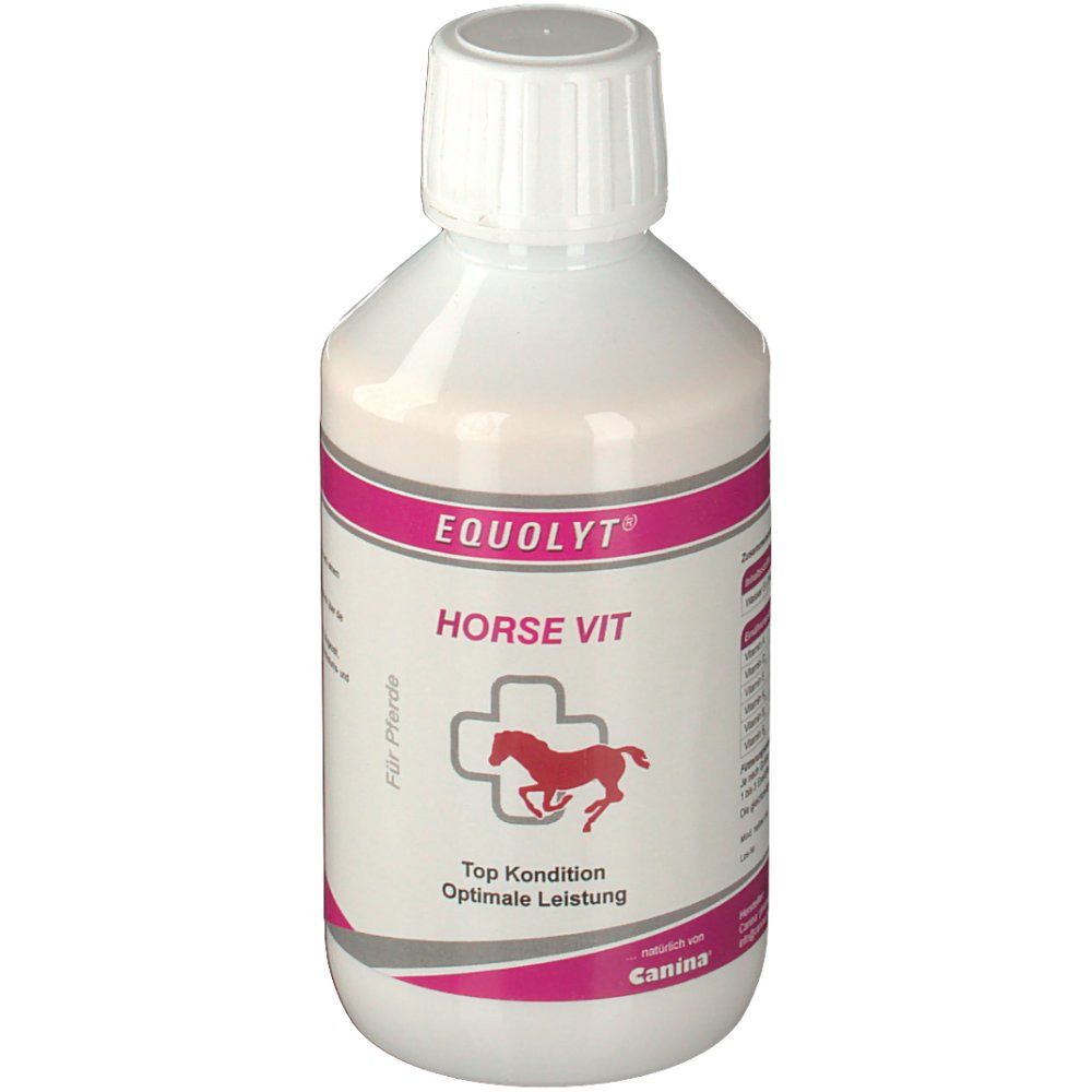 Weiße Flasche mit rosa Etikett. Aufschrift: EQUOLYT HORSE VIT. Logo: rotes Pferd im Kreuz. Marke: Canina.