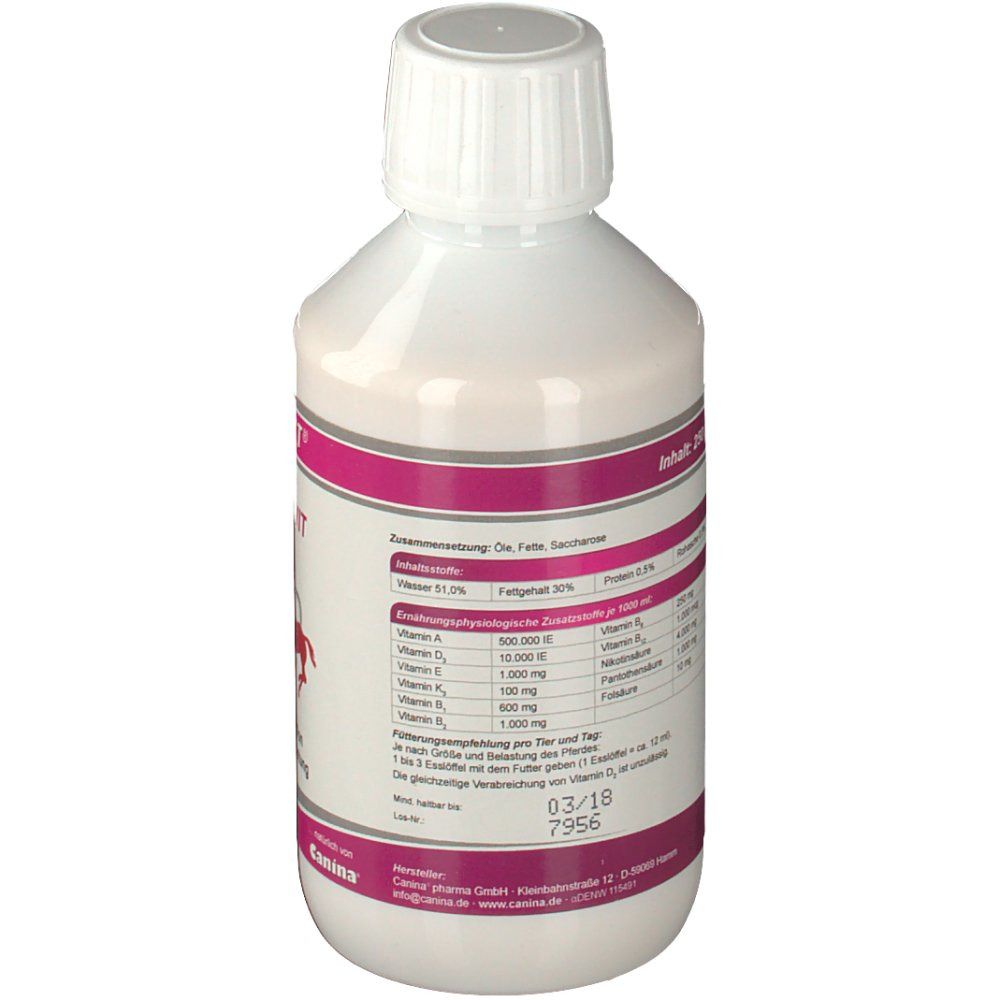 Weiße Flasche mit rosa Etikett. Rückseite mit Nährwertangaben und Inhaltsstoffen. Aufschrift: Inhalt, Zusammensetzung, etc.