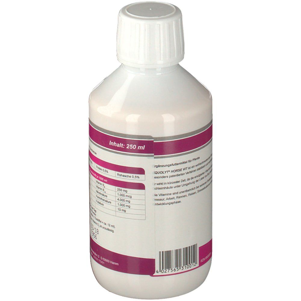 Weiße Flasche mit rosa Etikett. Aufschrift: Inhalt 250 ml. Rückseite mit Nährwertangaben. Barcode.