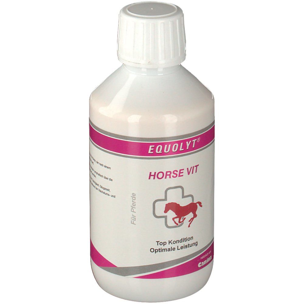 Weiße Flasche mit rosa Etikett. Aufschrift: EQUOLYT HORSE VIT. Logo: rotes Pferd im Kreuz. Marke: Canina.