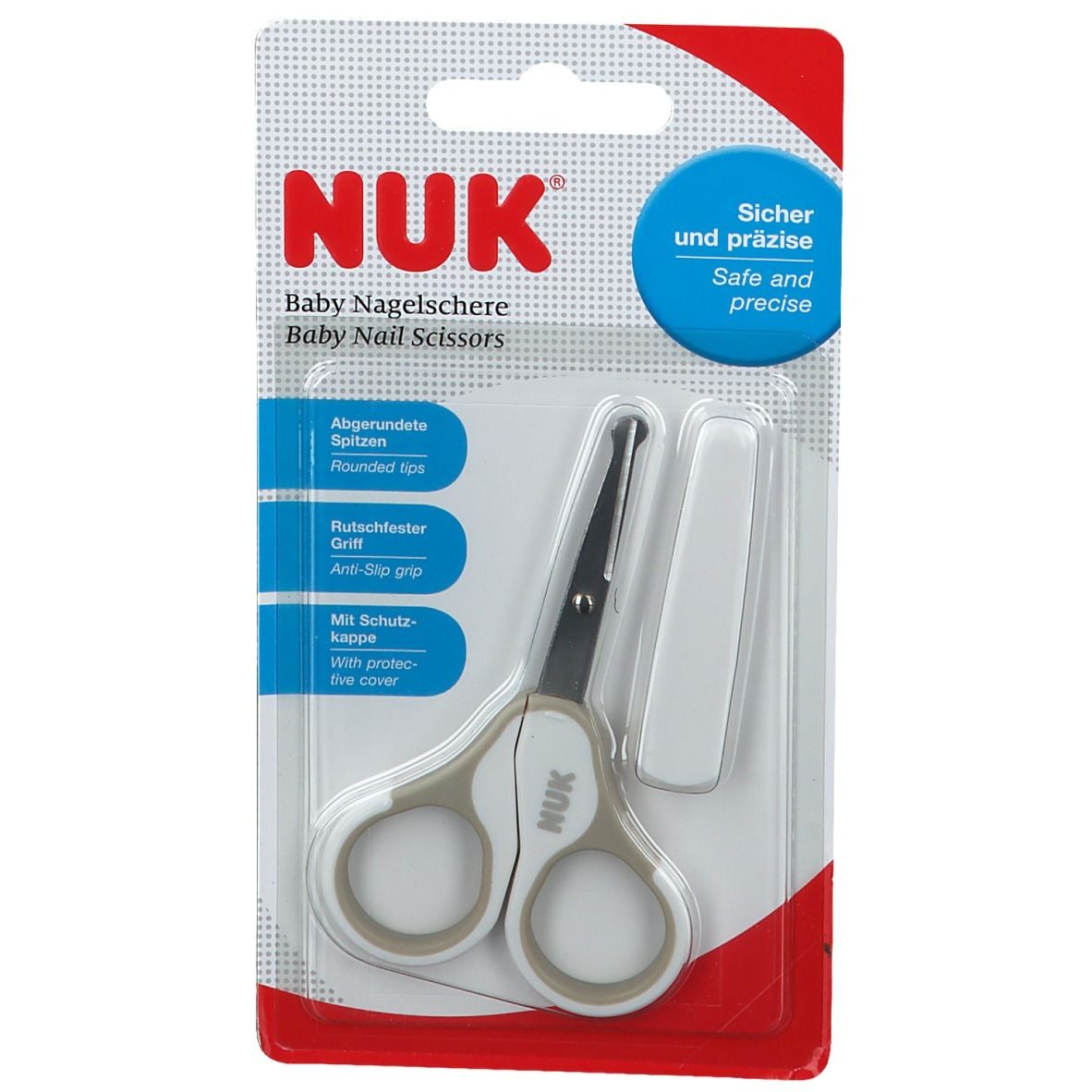 NUK Baby Nagelschere mit abgerundeten Spitzen und Schutzkappe.