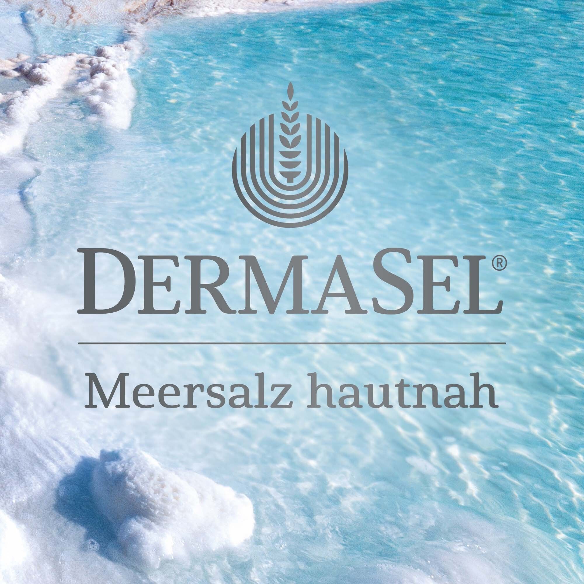 Logo: DERMASEL. Text: Meersalz hautnah. Hintergrund: Wasser mit Salz.