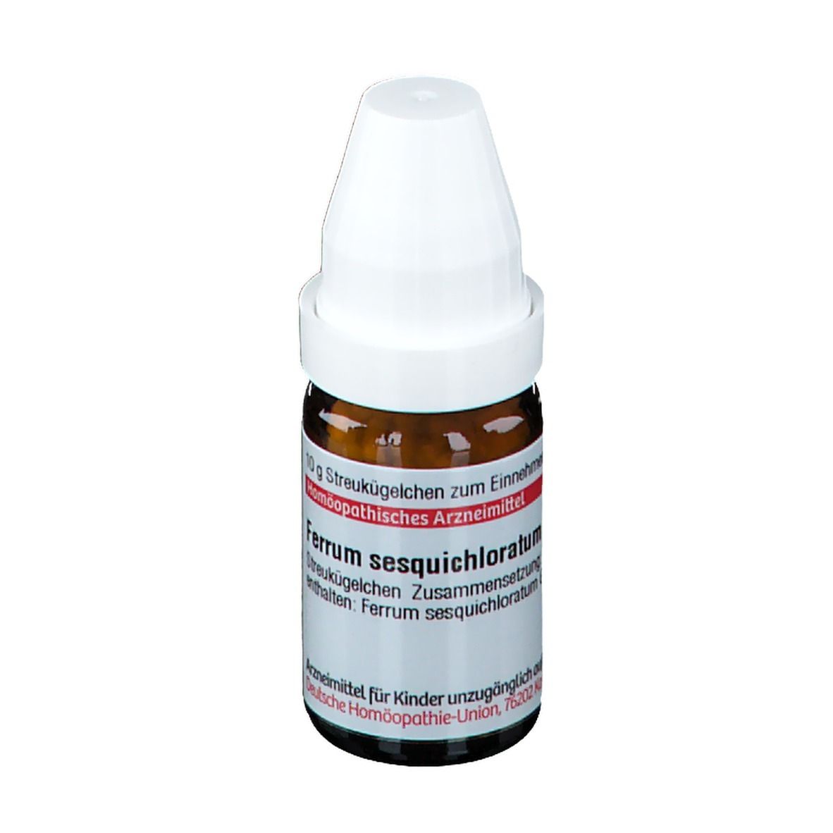 Braune Glasflasche mit weißem Deckel. Etikett mit Produktinformationen. Homöopathisches Arzneimittel.