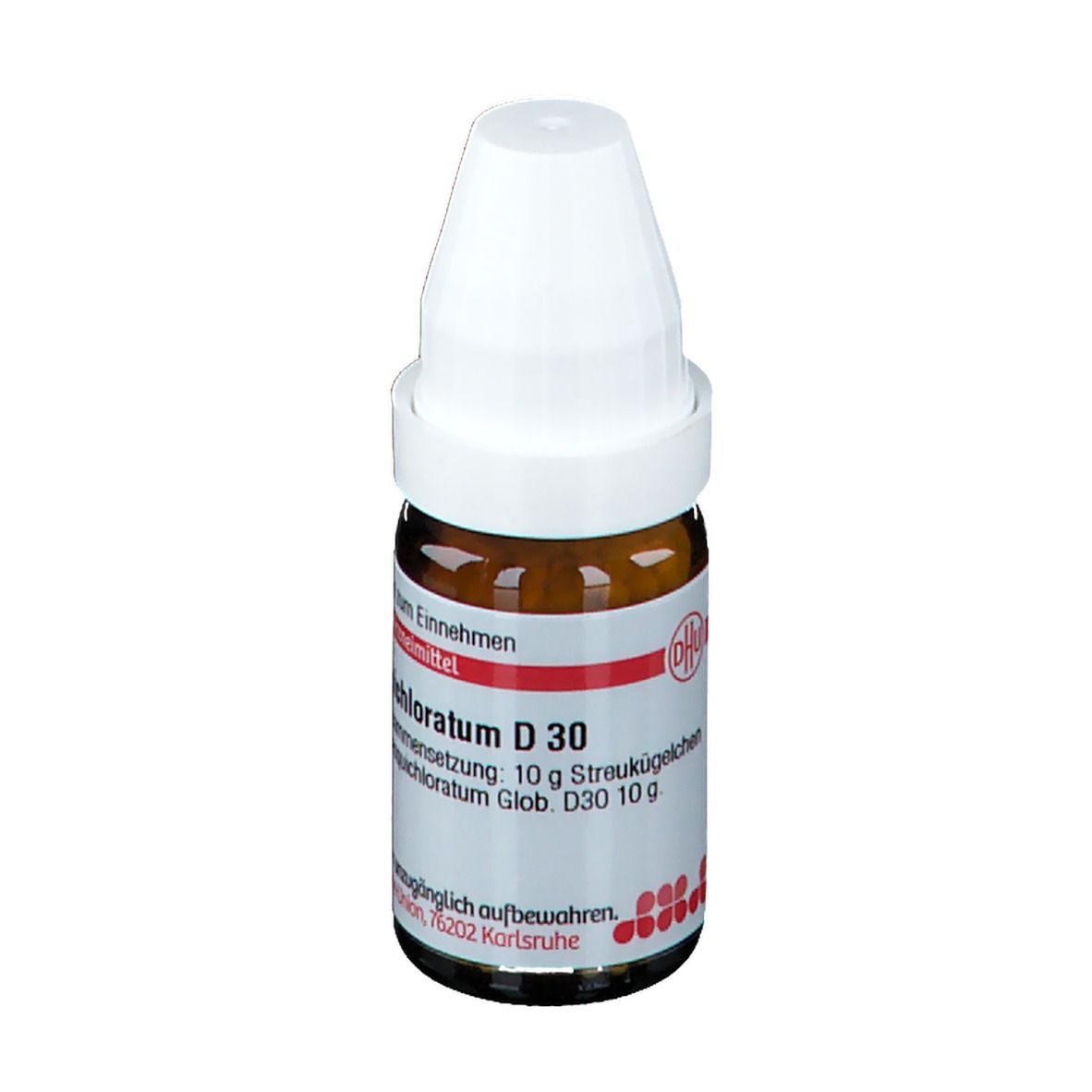 Braune Glasflasche mit weißem Deckel. Etikett mit Produktnamen und D30. Homöopathisches Arzneimittel.