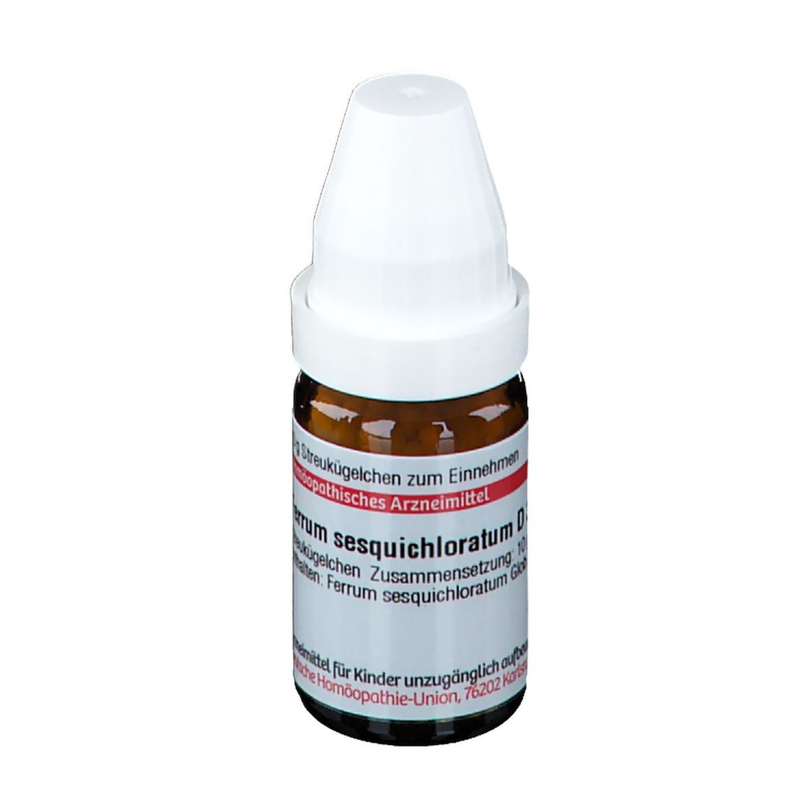 Braune Glasflasche mit weißem Deckel. Etikett mit Produktinformationen. Homöopathisches Arzneimittel.