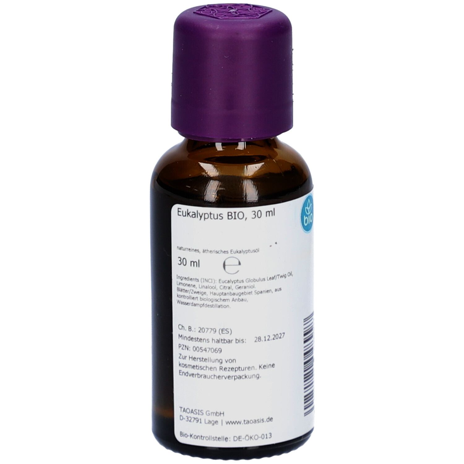 Braune Glasflasche mit lila Verschluss. Etikett mit Produktinformationen: EUKALYPTUS BIO, 30 ml. Bio-Siegel.