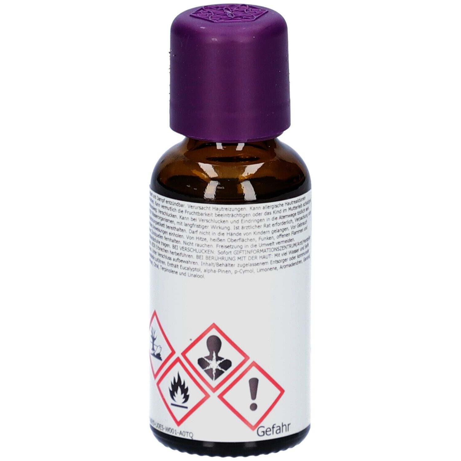 Braune Glasflasche mit lila Verschluss. Etikett mit Gefahrensymbolen und Warnhinweisen.