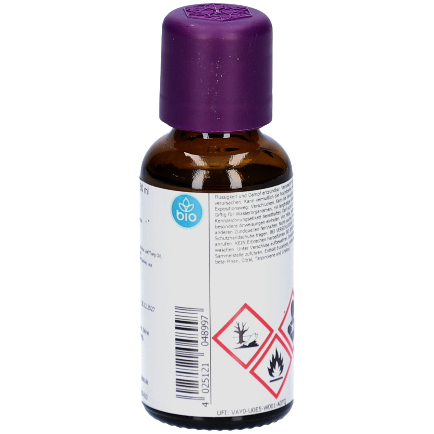 Braune Glasflasche mit lila Verschluss. Etikett mit Gefahrensymbolen und Warnhinweisen. Bio-Siegel.