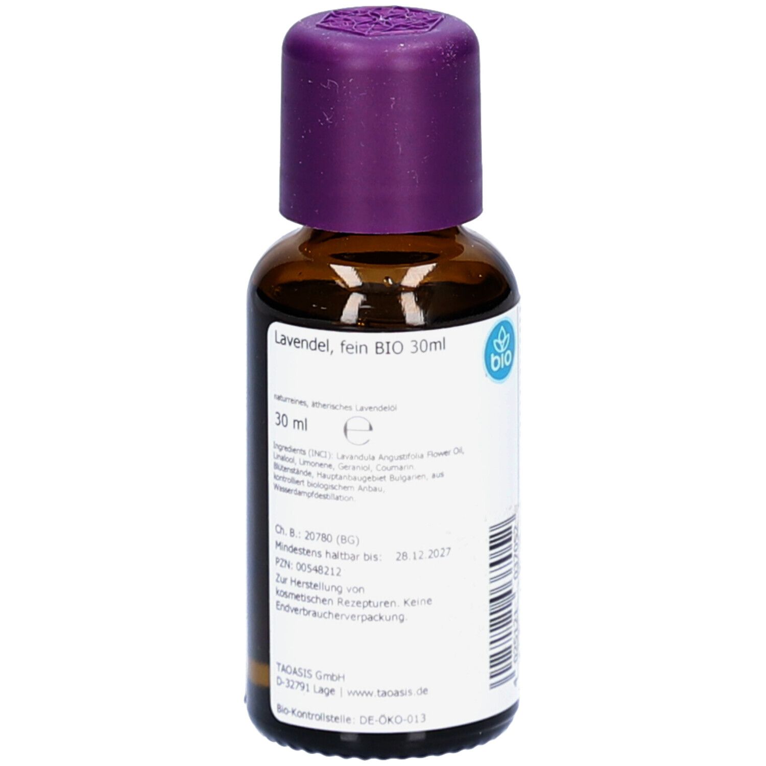 Braune Glasflasche mit lila Verschluss. Etikett mit Produktinformationen und Bio-Siegel. Lavendelöl.