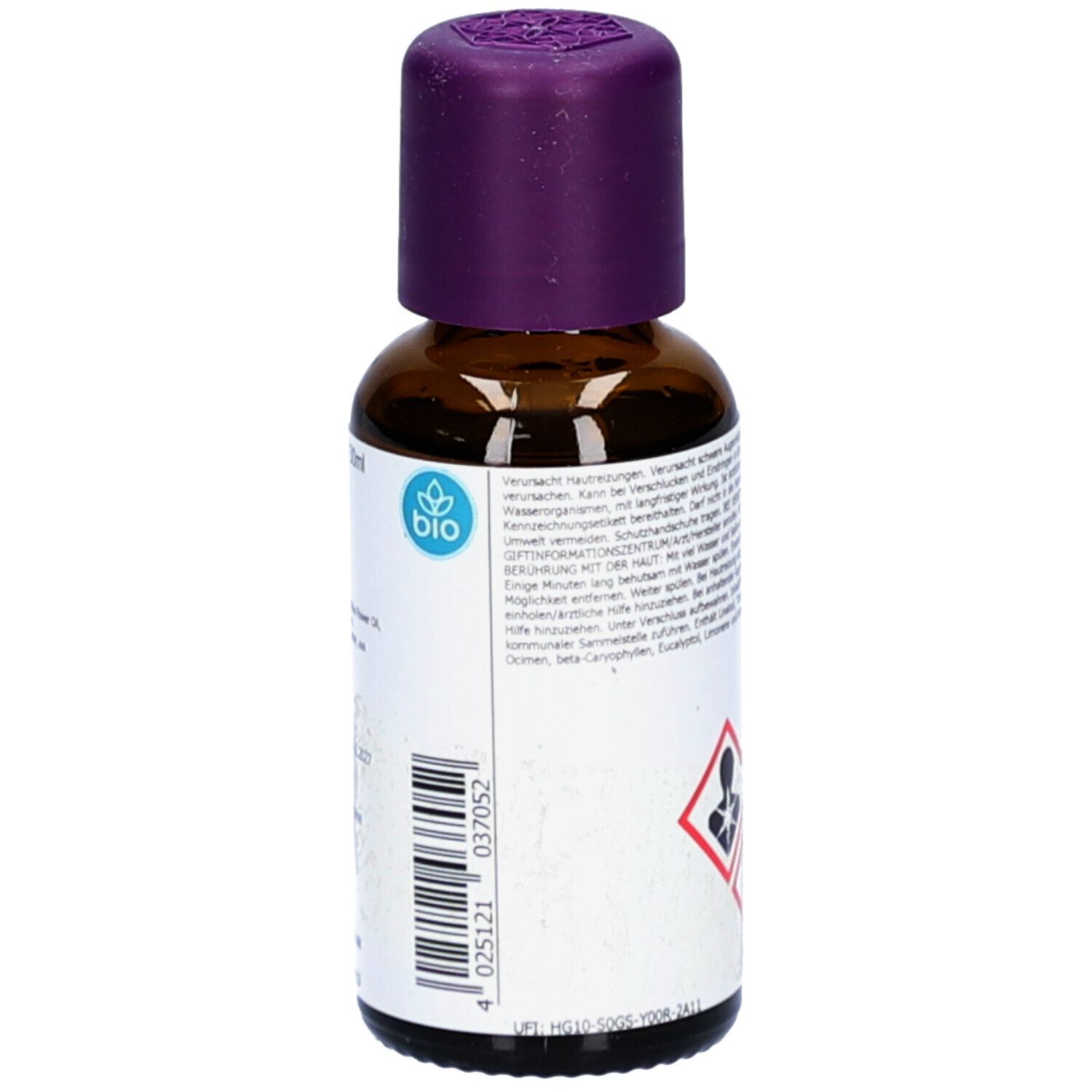 Braune Glasflasche mit lila Verschluss. Etikett mit Produktinformationen, Warnhinweisen und Gefahrensymbolen.