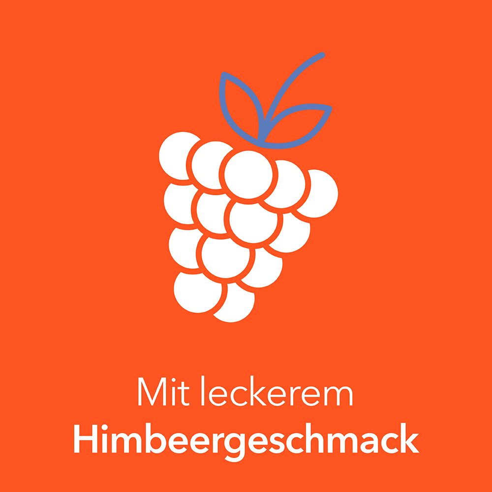Grafik mit Himbeeren. Text: Mit leckerem Himbeergeschmack.
