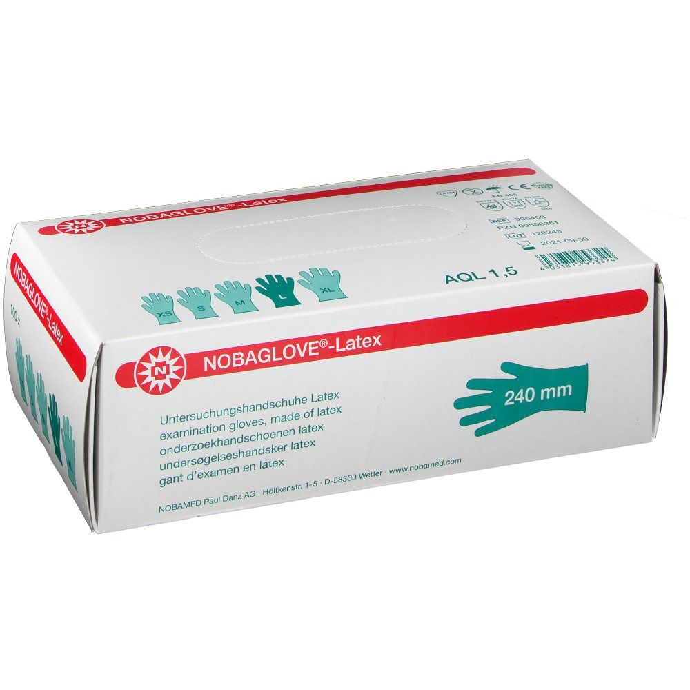 NOBAGLOVE Latex-Handschuhe, puderfrei, weiß. Karton mit Handschuh-Grafik und 240 mm Angabe. AQL 1,5.