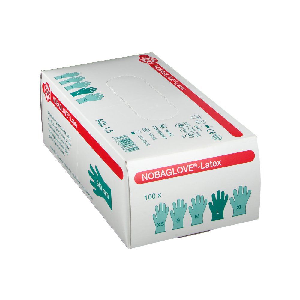 NOBAGLOVE Latex-Handschuhe, puderfrei, weiß. Karton mit Handschuh-Grafik und Größen XS-XL. 100 Stück.