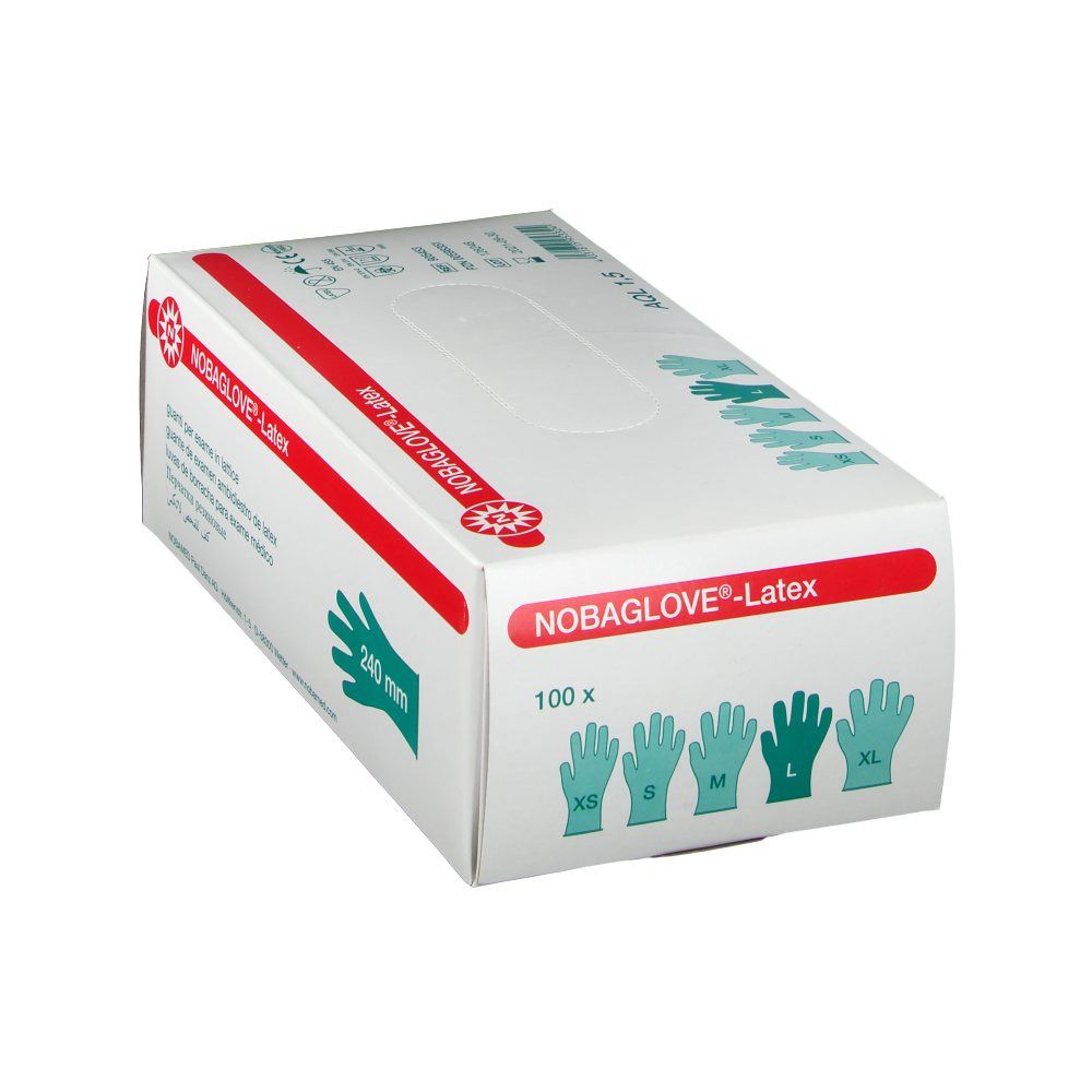NOBAGLOVE Latex-Handschuhe, puderfrei, weiß. Karton mit Handschuh-Grafik und Größen XS-XL. 100 Stück.