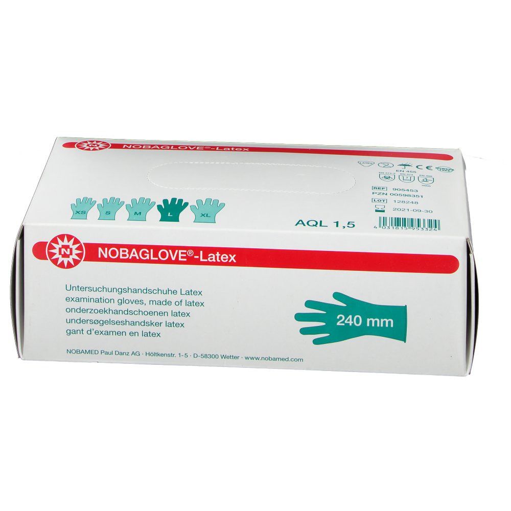 NOBAGLOVE Latex-Handschuhe, puderfrei, weiß. Karton mit Handschuh-Grafik und 240 mm Angabe. AQL 1,5.