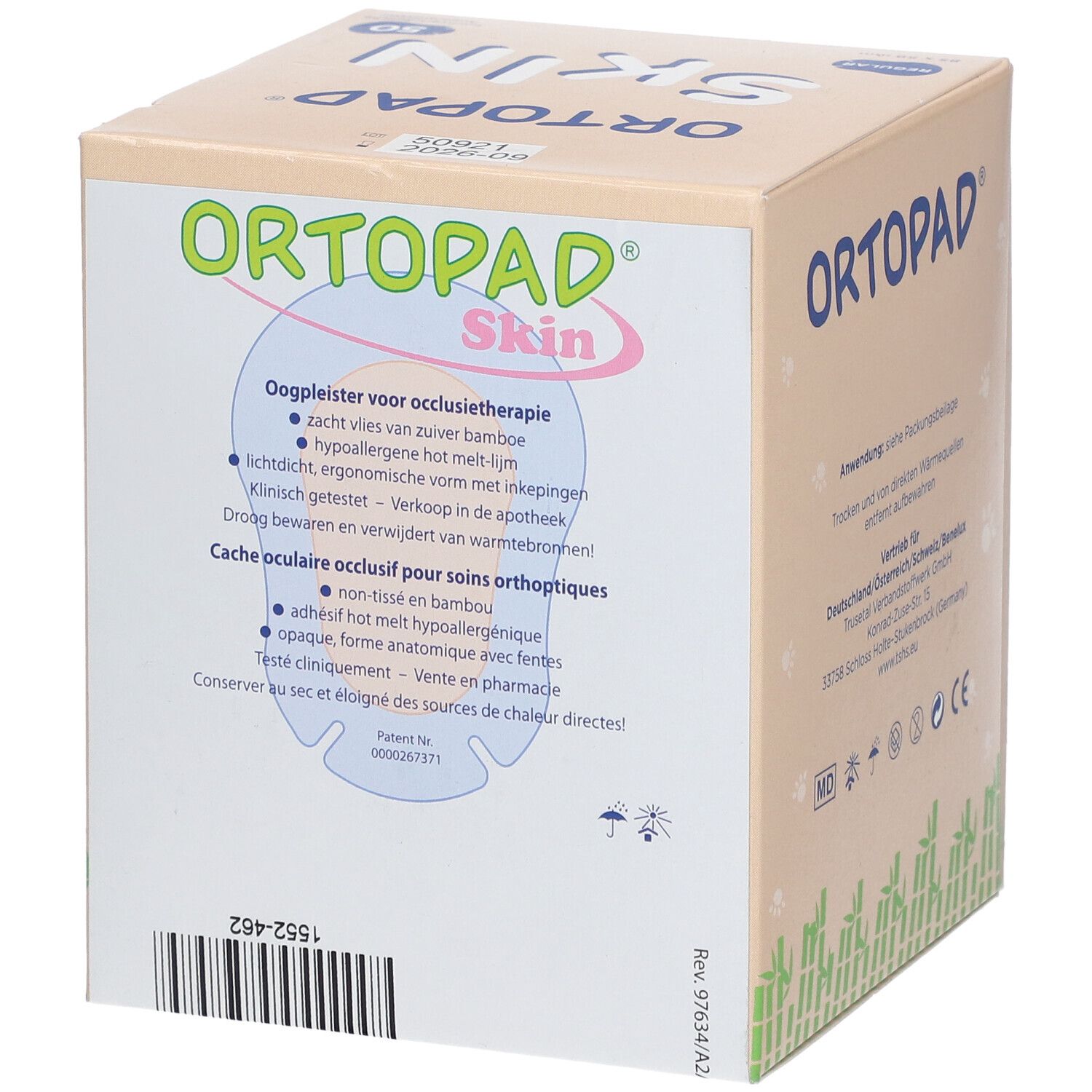 Karton mit Augenpflastern. Aufdruck: Ortopad Skin. Text: Oogpleister voor occlusietherapie. Mit Barcode und Chargennummer.