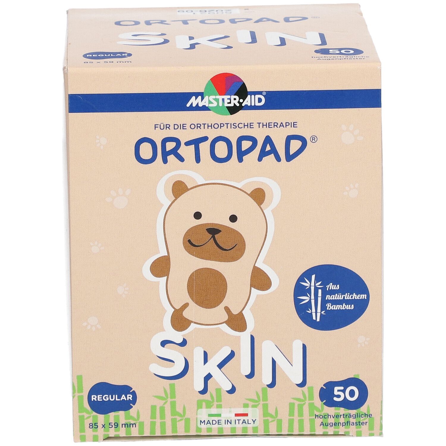 Karton mit Augenpflastern. Aufdruck: Ortopad Skin, 50 Stück. Mit Bären-Illustration. Größe: 85 x 59 mm. Made in Italy.