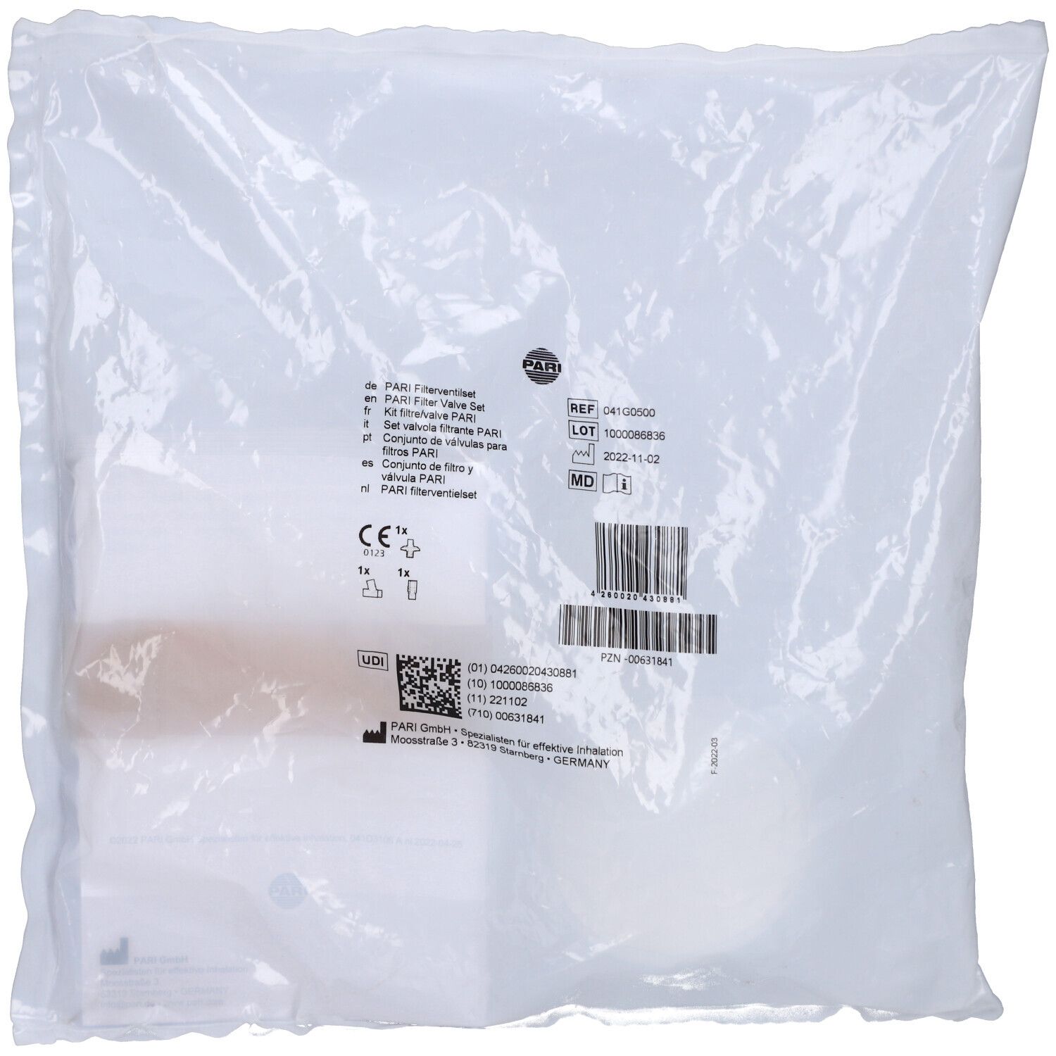 PARI Filter/Ventil Set in transparenter Verpackung. Etikett mit Produktinformationen und Barcode.