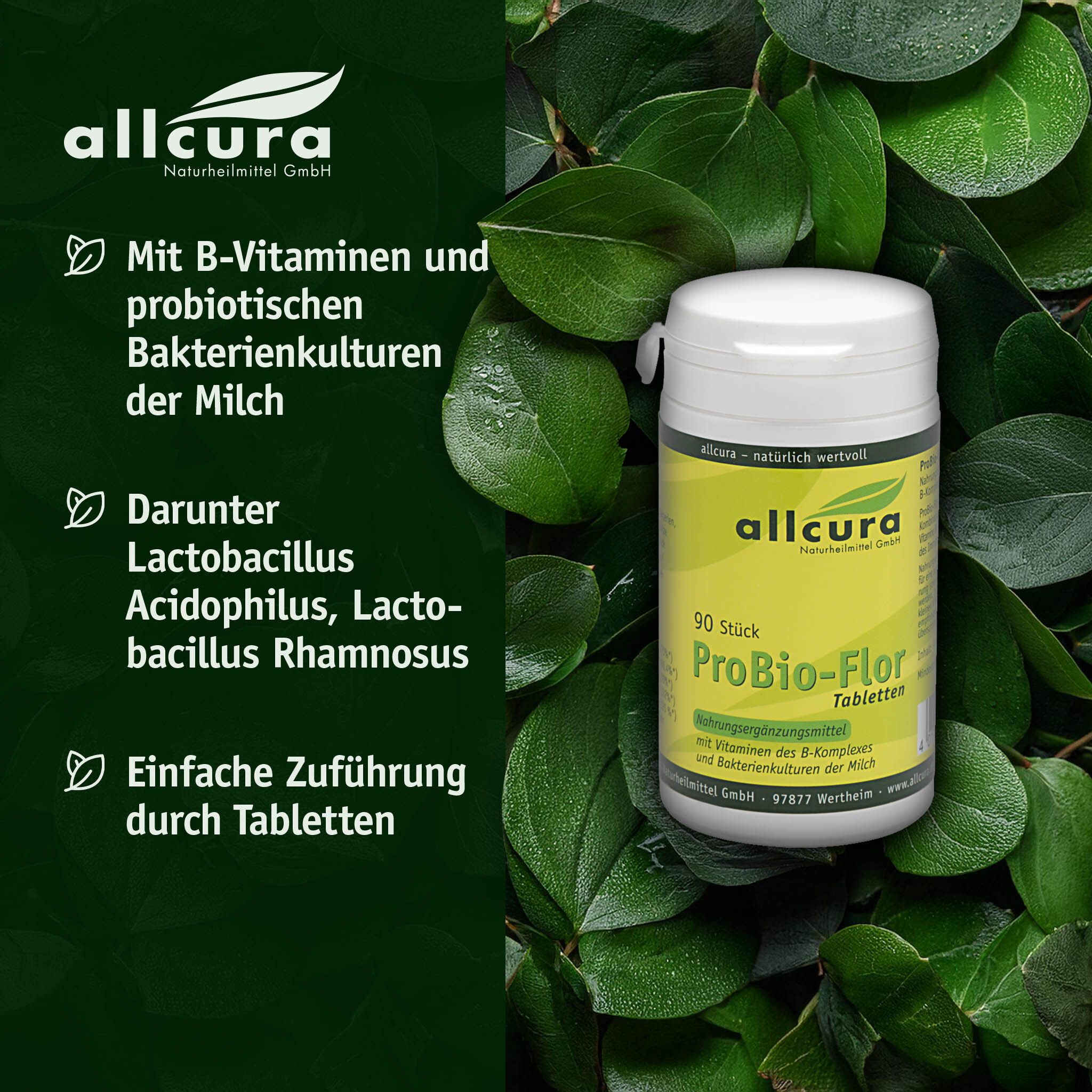 Weiße Dose mit Deckel. Aufschrift: allcura ProBio-Flor Tabletten. 90 Stück. Text über B-Vitamine und Bakterienkulturen.