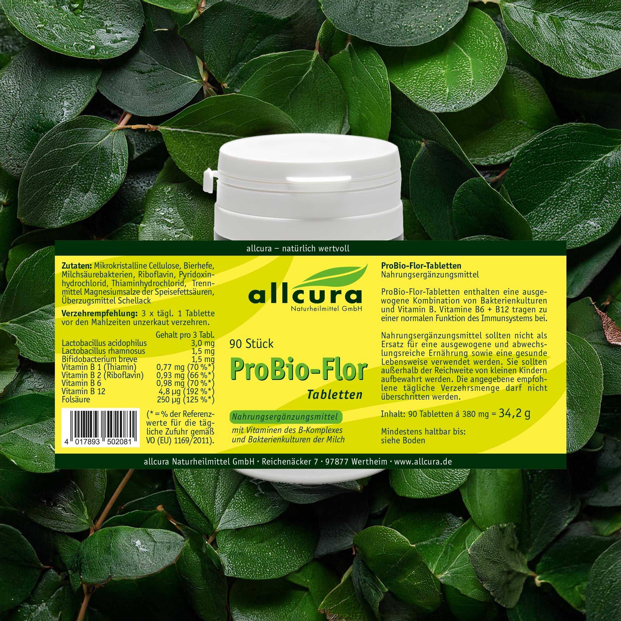 Weiße Dose mit Deckel. Aufschrift: allcura ProBio-Flor Tabletten. 90 Stück. Zutatenliste und Nährwertangaben.