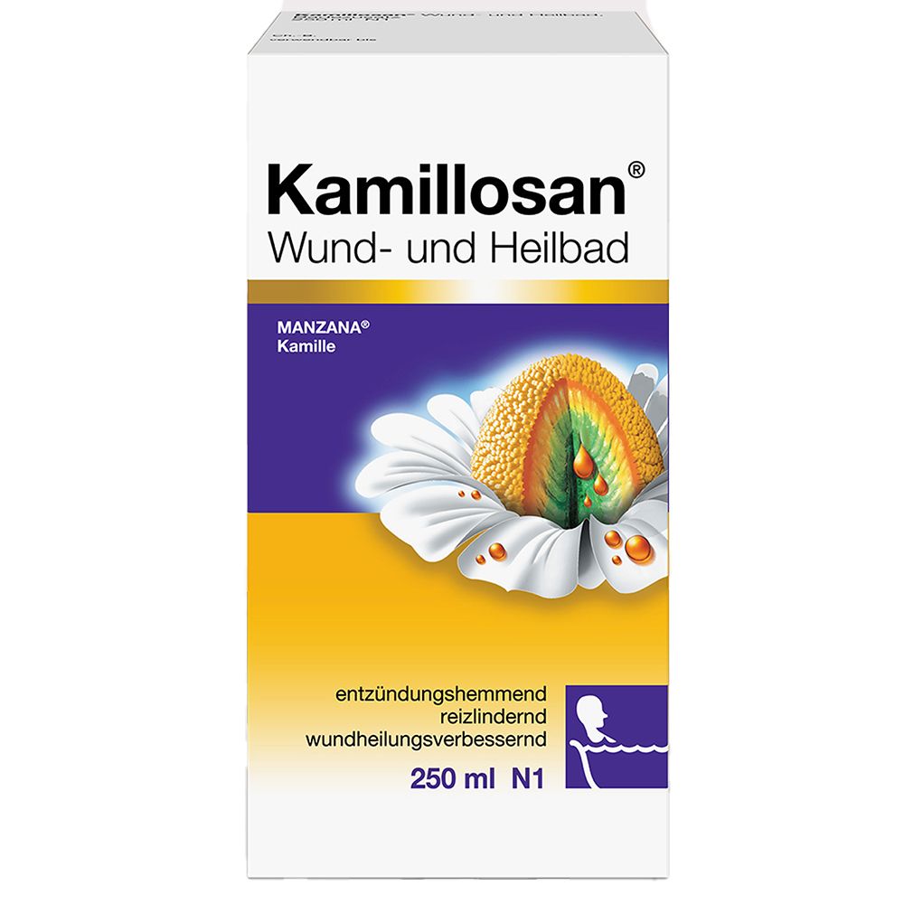 Verpackung von Kamillosan® Wund- und Heilbad. Weißer Karton mit Produktnamen und Kamillenblüten-Illustration.