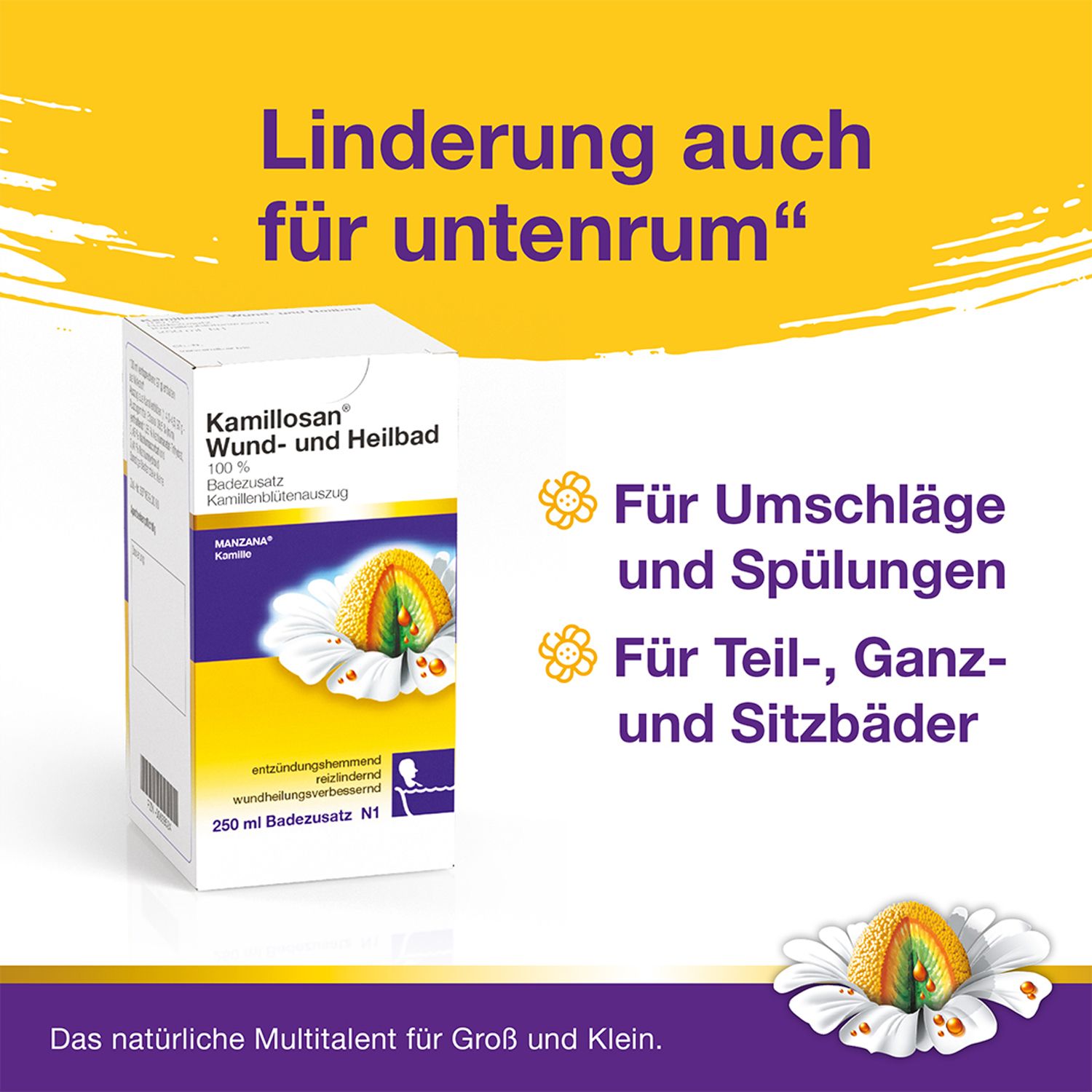 Werbung für Kamillosan® Wund- und Heilbad. Gelber Hintergrund mit Produktabbildung und Text über Anwendungen.