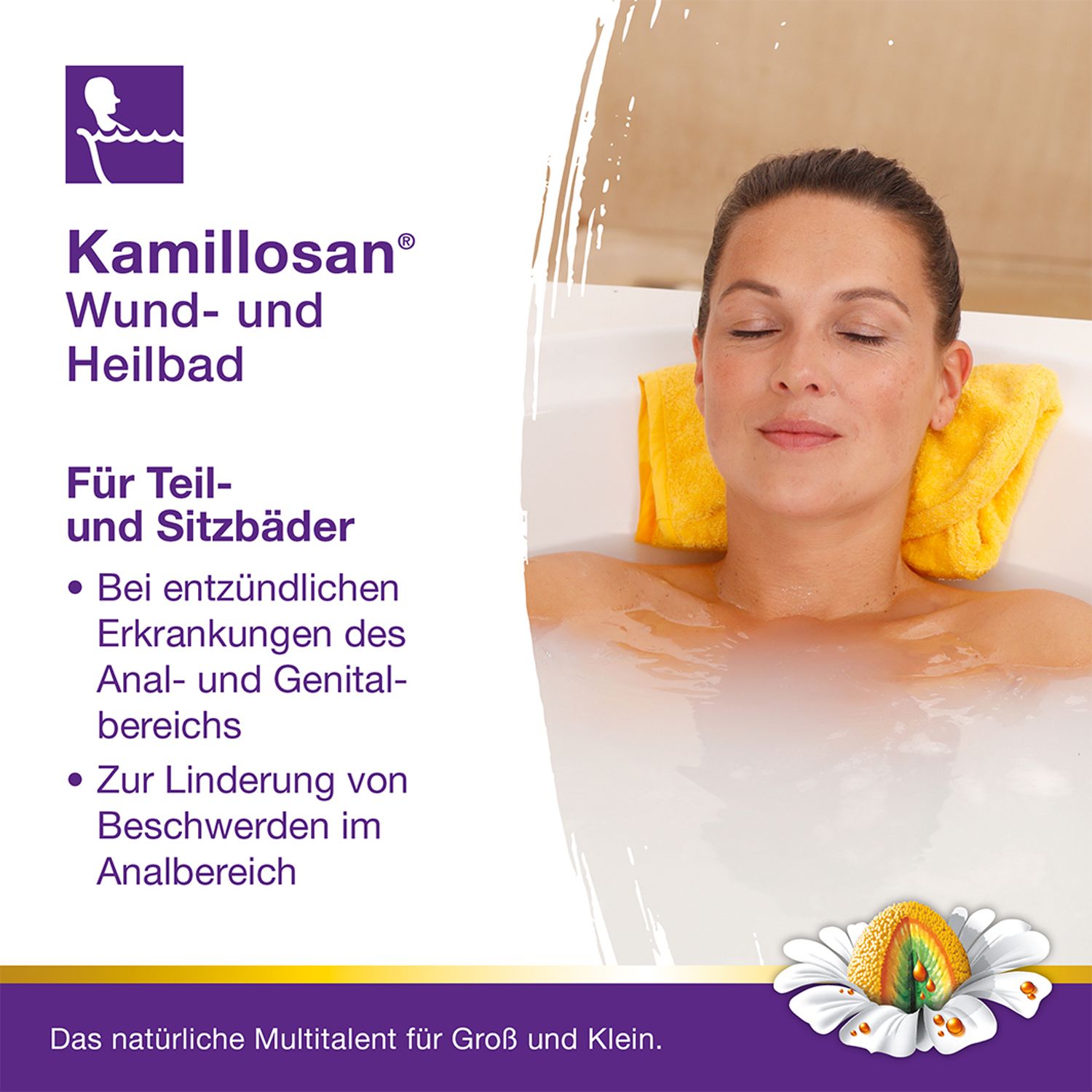 Frau in Badewanne mit Kamillosan® Wund- und Heilbad. Gelbes Kissen. Text über Teil- und Sitzbäder.