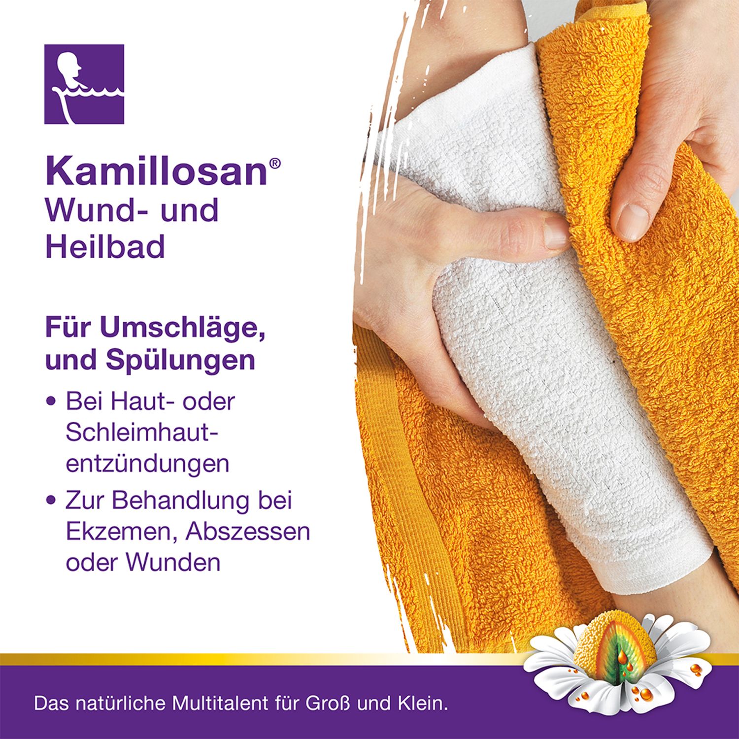 Hände halten Handtücher und behandeln einen Verband. Text über Umschläge und Spülungen mit Kamillosan®.
