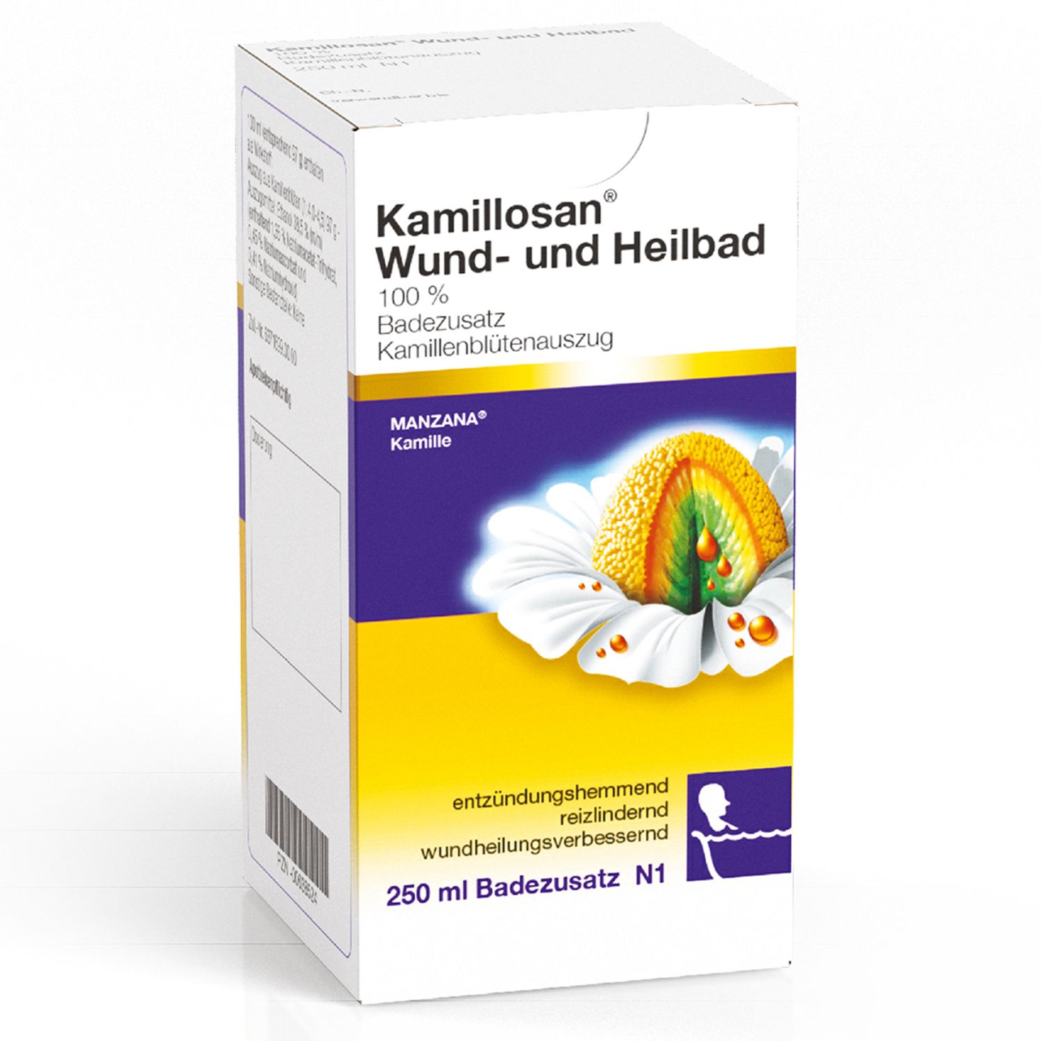 Verpackung von Kamillosan® Wund- und Heilbad. Weißer Karton mit Produktnamen und Kamillenblüten-Illustration.